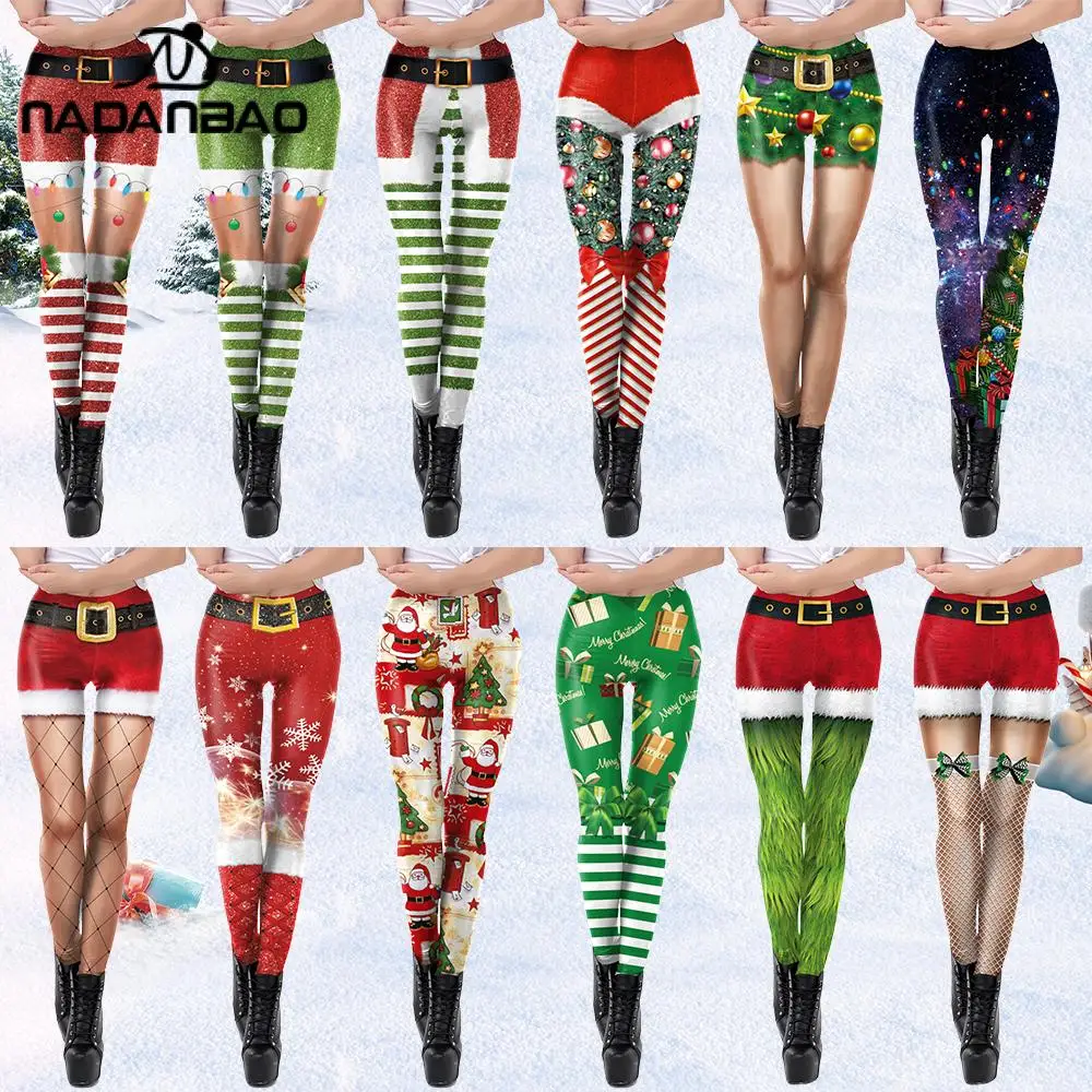NADANBAO Joyeux Noël Leggings pour Femme Vert Blanc Rayure Motif Pantalon Pantalon De Fête De Noël Filles Collants Sexy Fitness Entraînement