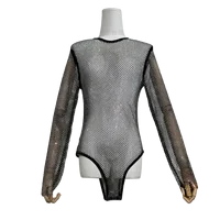 Fashionable Sexy Performance Clothes Mesh Hollow Jumpsuit Round Neck Perspective Long Sleeve Sparkling Bottoming Shirt for Women - Image 5