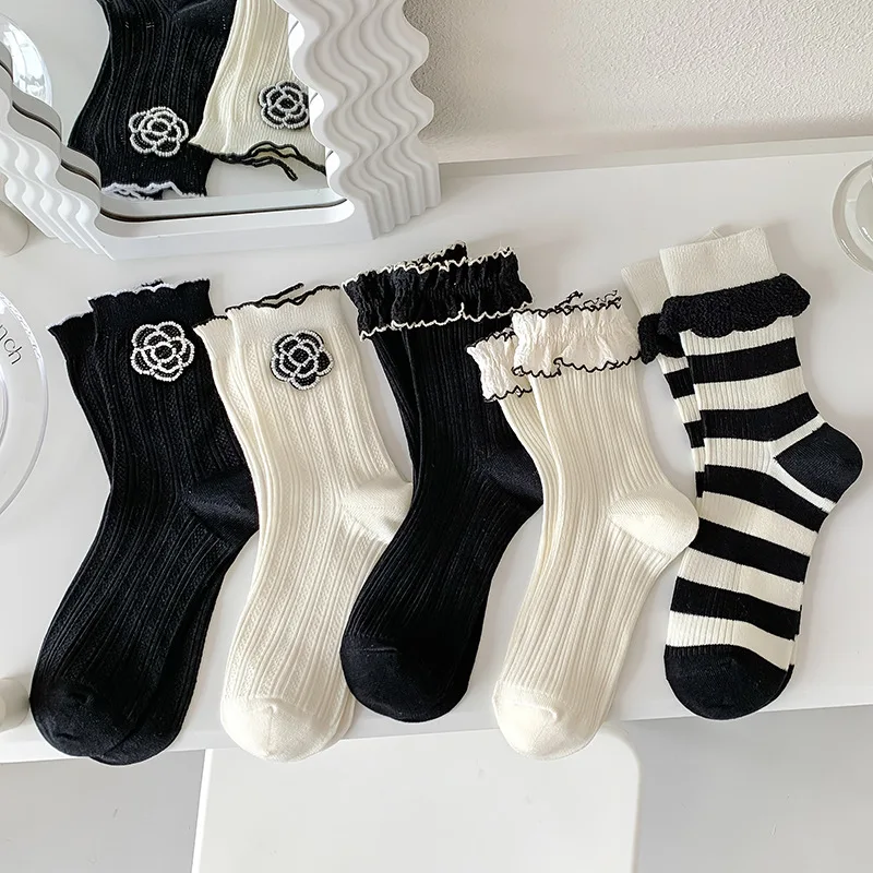 Calcetines Largos Medias Tobilleras Ruffles Socks Women Calcetas Largas  Mujer Cute Lolita Black White Girl Camellia Long Socks - AliExpress