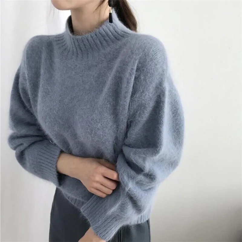 

Women Knit Jumper Fluffy Rabbit Hair Pullovers Loose Soft Solid White Furry Sweaters Sweater Female Cashmere Turtleneck Pullover