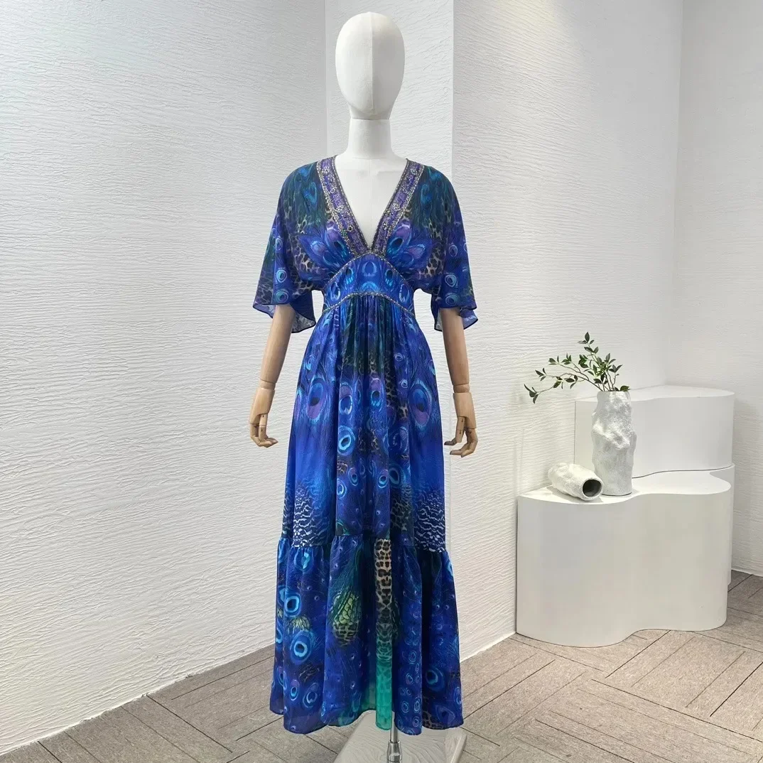 

Blue Peacock Animals Print Half Sleeve Diamonds Pressed V Neck Midi Dress