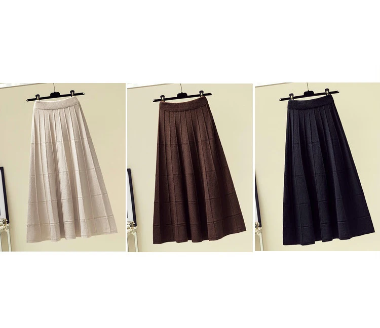 Vintage Pleated Skirt Women Knit High Waist A-Line Soft Casual Elegant Fall Winter Korean Fashion Lady Long Skirts Faldas Largas black midi skirt