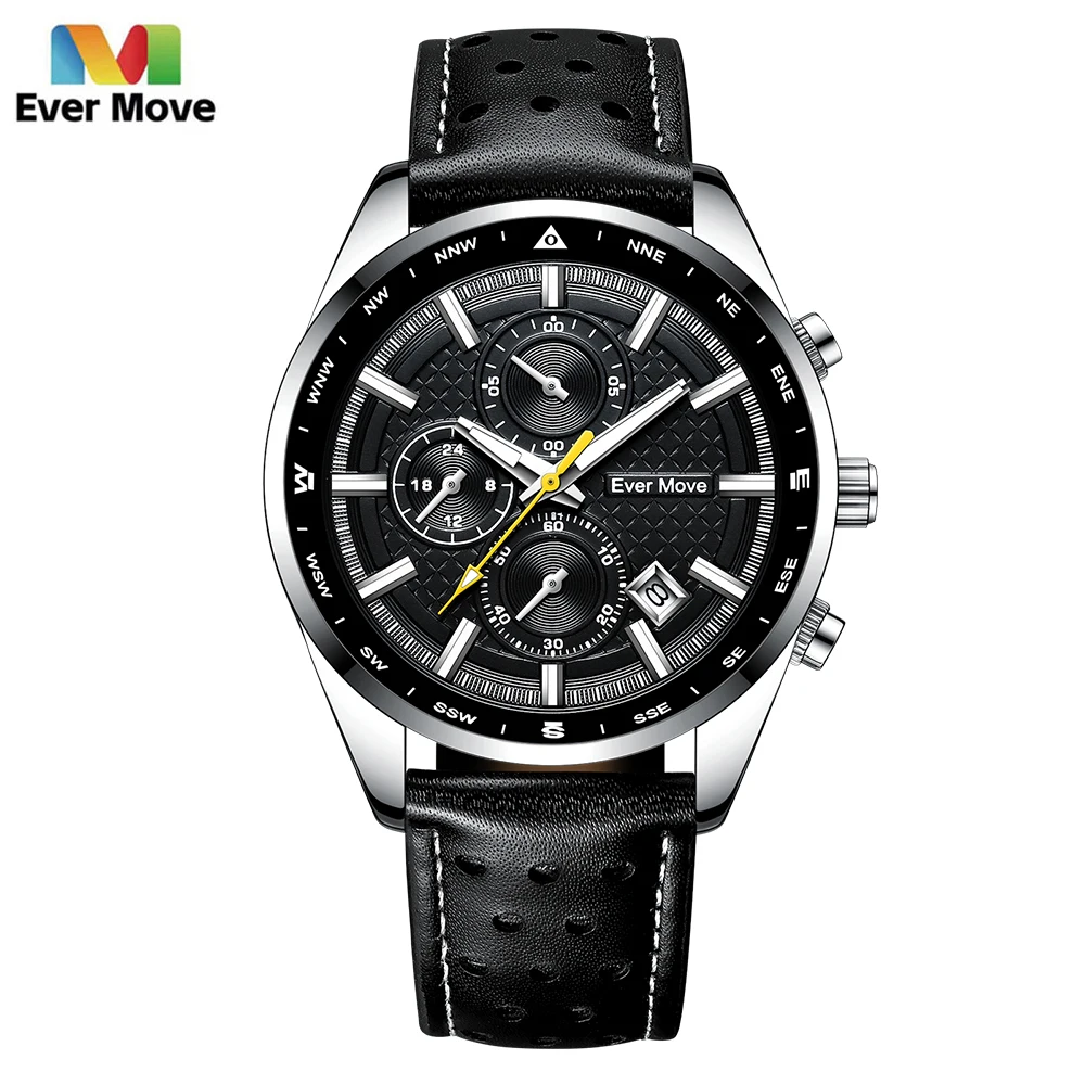 Ever Move Top Luxury Watches for Men Fashion Sport Chronograph Quartz Wrist Watches Male Retro Leather Strap Waterproof Clock
