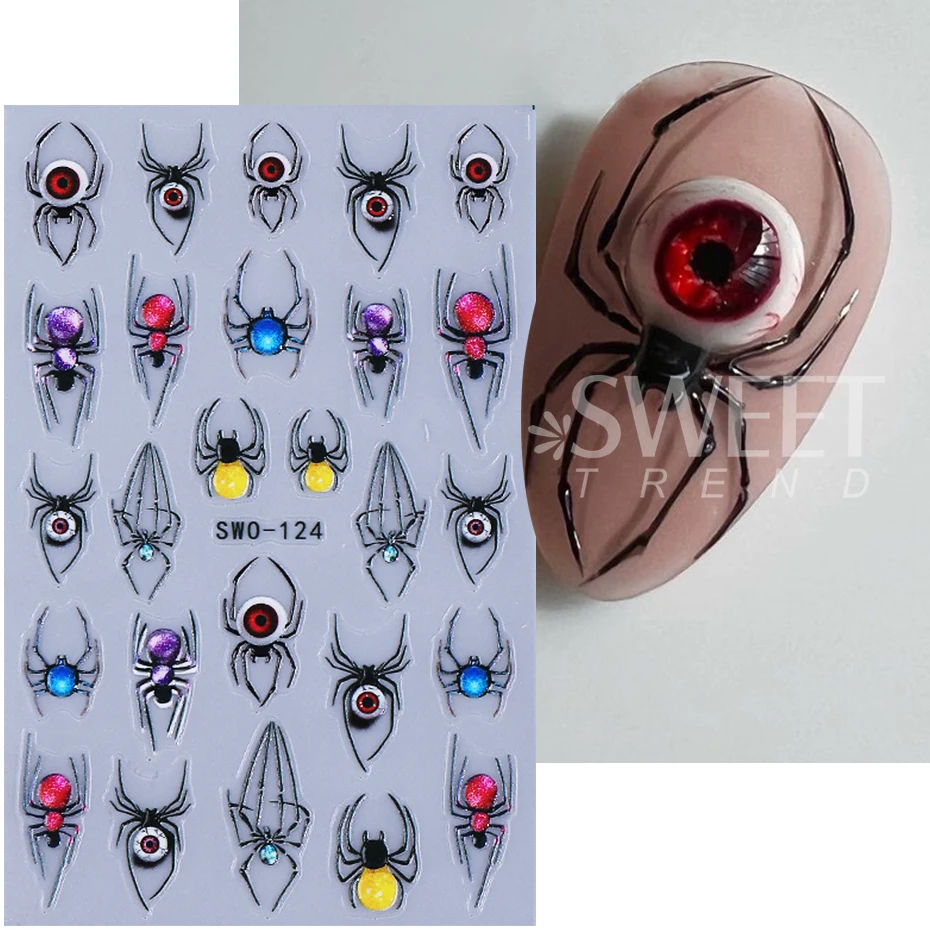 2pcs Halloween Nail Art Stickers Spider Devil's Eye Textured Self-Adhesive Design DIY Gel Polish Nail Decals Manicure Decoration