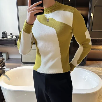 Maglione Autunno Inverno Nuovo Coreano di Lusso Abbigliamento da Uomo Moda Patchwork Colore Maglione Maschile Slim Fit Dolcevita Casual 4 Colori 1