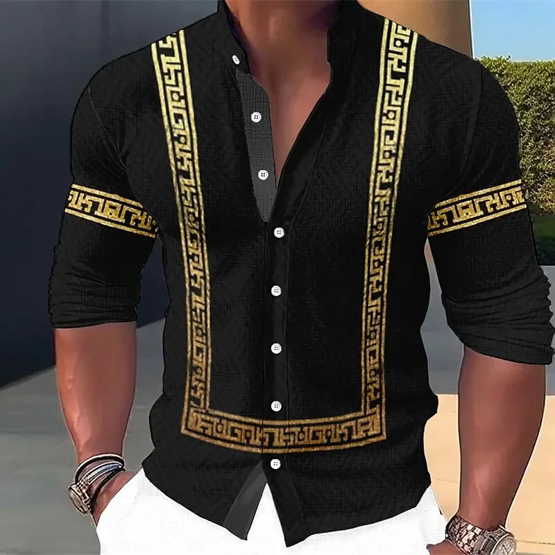 

Yellow Men's Patterned Shirt Standing Collar Outdoor Long Sleeved Clothing Greek Key Store Patterned Men's Shirt