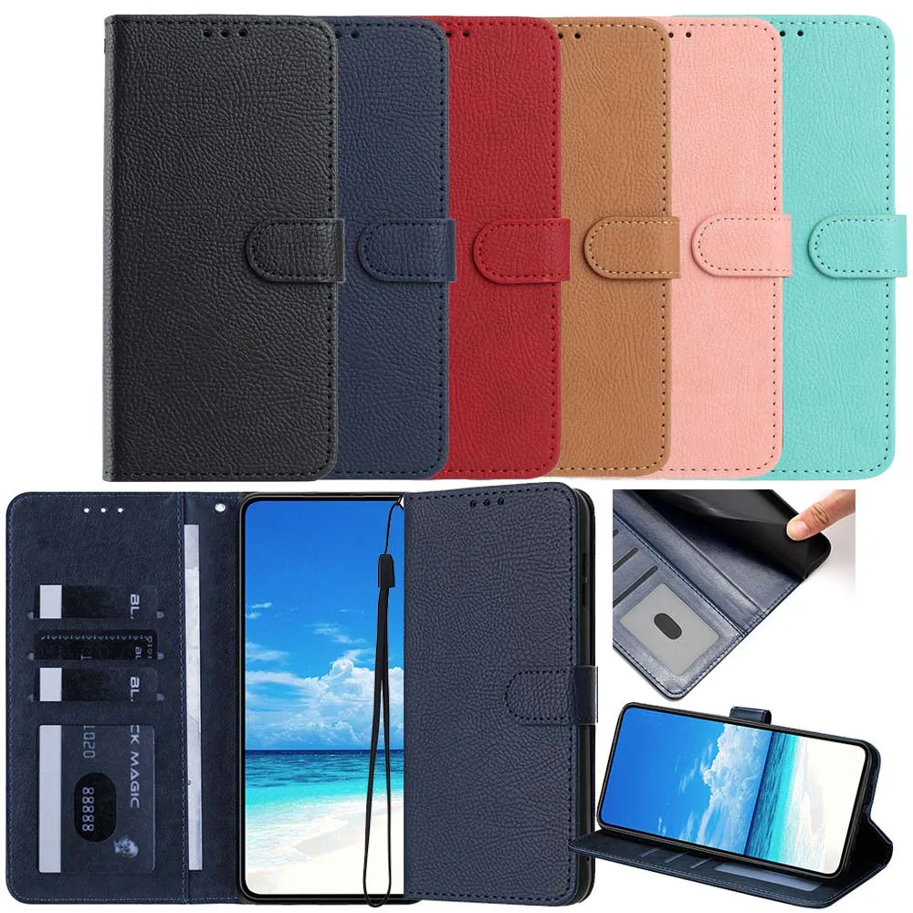 Litchi Leather Flip Wallet Case with Back Cover
