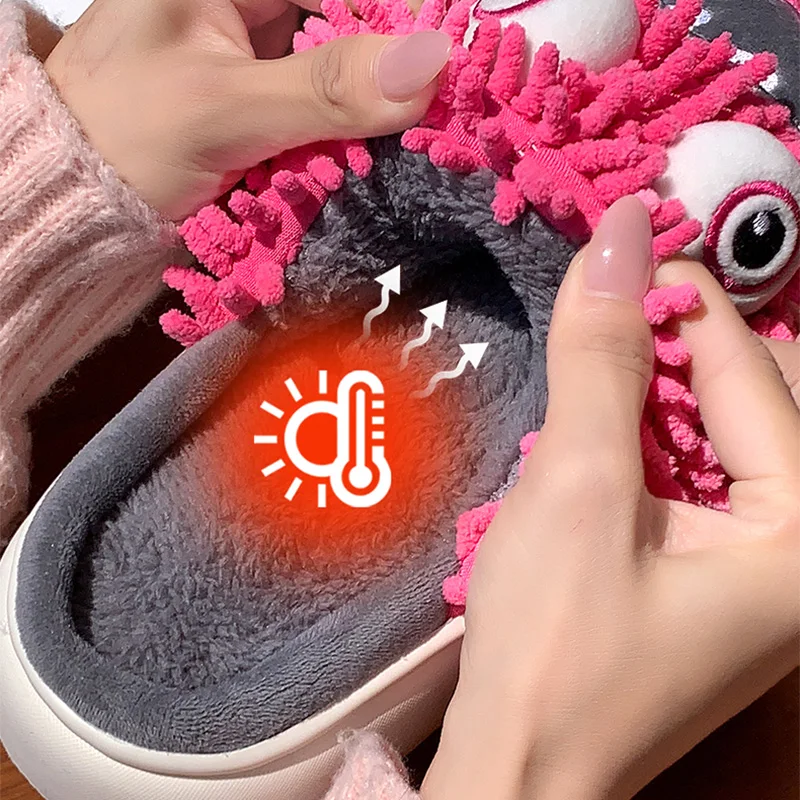Funny Monster Plush Slippers for Women Cute Cartoon Thick Bottom Cotton Slippers Woman Light Indoor Non Slip Warm Slides Mujer