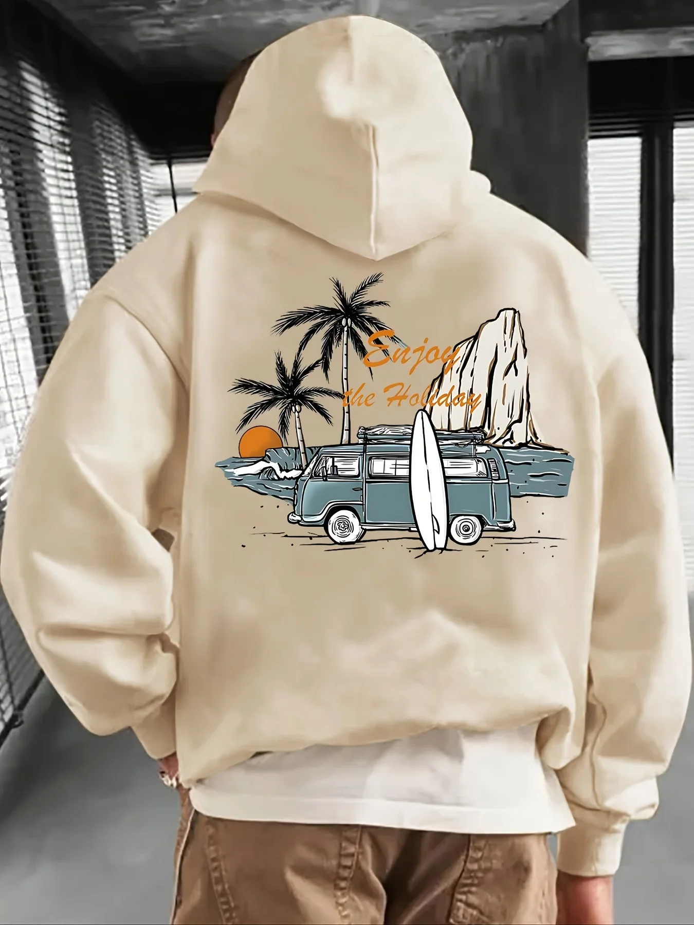 Sudadera con capucha y forro con estampado de cocoteros para hombre, esencial, minimalista, para otoño/invierno