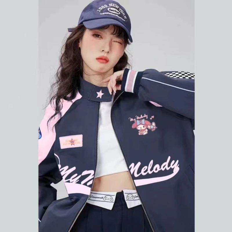 산리오 Y2K 마이 멜로디 시나모롤 봄 가을 여성 모토 재킷 바지, 따뜻한 레이싱 드라이버 방풍 재킷, 의류 세트 선물