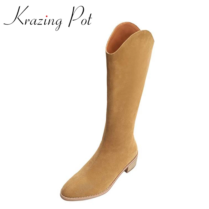 

Krazing Pot Cow Suede Round Toe Med Heels Equestrian Boots Western Non-slip Mature Office Lady Dating Zipper Thigh High Boots