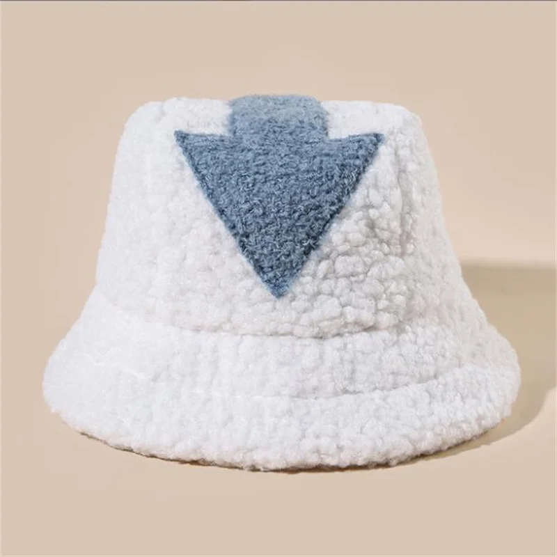 Women Appa Bucket Hat Lamb Wool Hat Winter Warm Fishing Caps Faux Fur Arrow Symbol Printed Bucket Hat for Men Tide Flat Top Hats 4