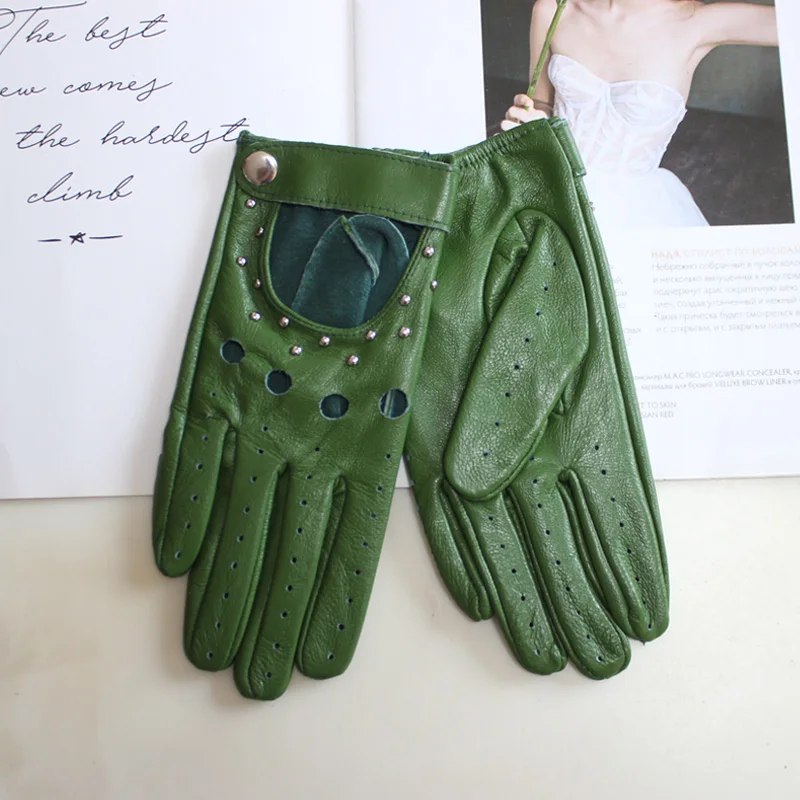 New Women's Sheepskin Gloves Thin Unlined Rivet Style Colored Driving Leather Gloves