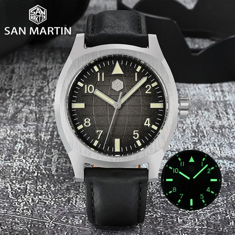 San Martin Sn0026-G-A2 Design Originale 38Mm Orologio Sportivo Da Uomo Orologio Da Polso Meccanico Automatico Pressione Olio Modello Griglia Quadrante