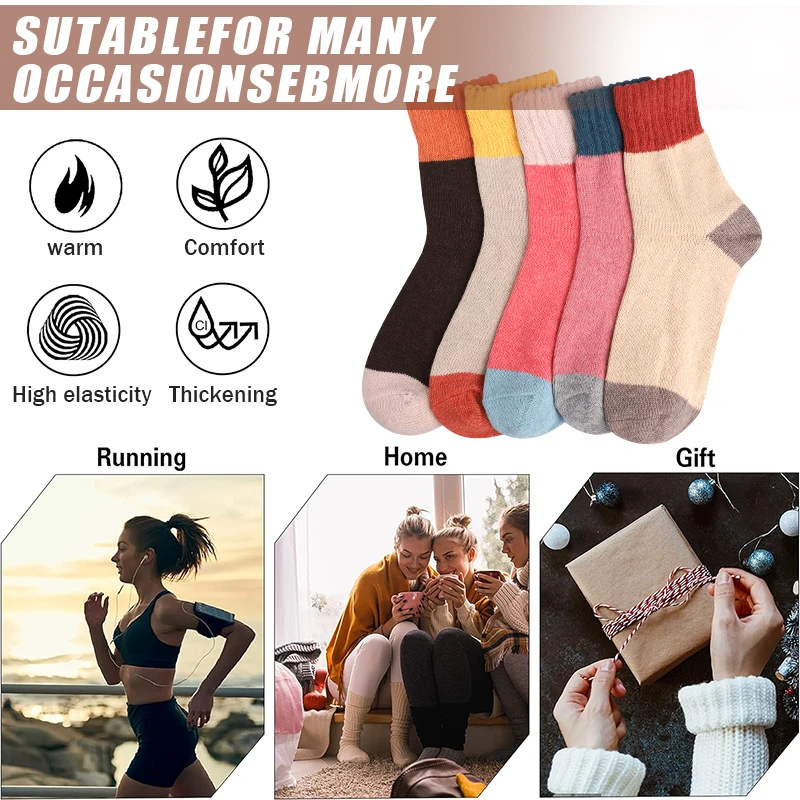 5Pairs Winter Warm Socks Thickened Knitted Thermal Crew Socks Fashion Anti-Cold Breathable Elastic Men Women Outdoor Sport Socks