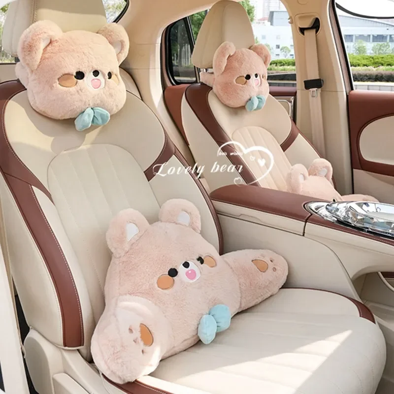 

2023 New Plush Cartoon Bowknot Bear Universal Lumbar Car Waist Headrest Neckpillow Car Interior Ornaments Car Accessories