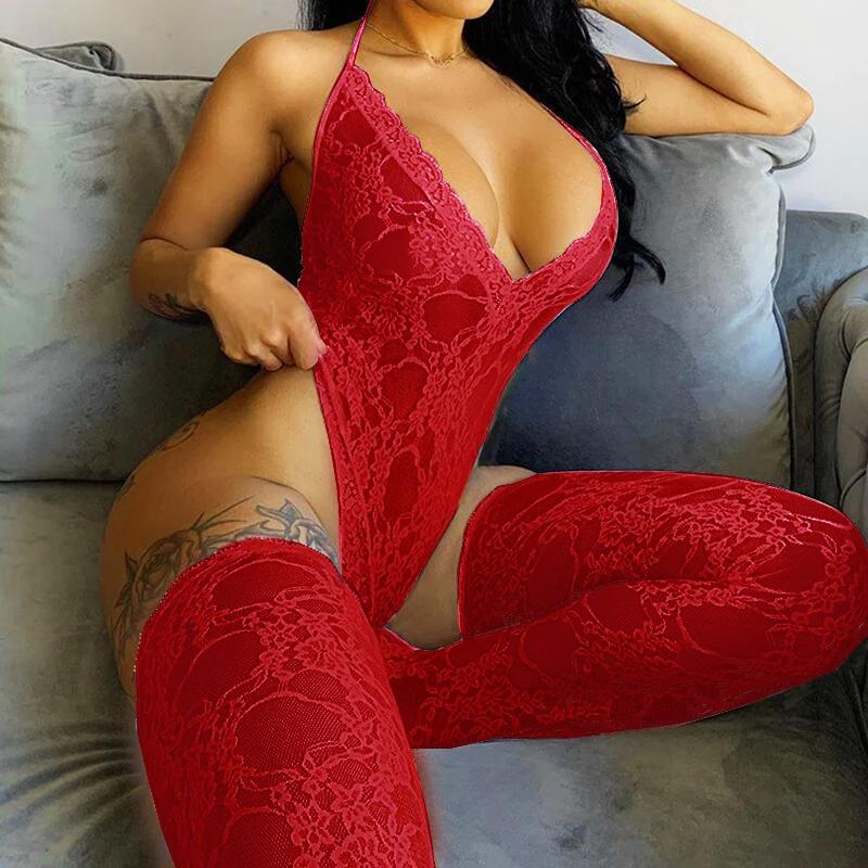 Sexy lingerie Women's Panties Bodysuit Lace Sleeveless Halter Deep V-Neck Tights Sling