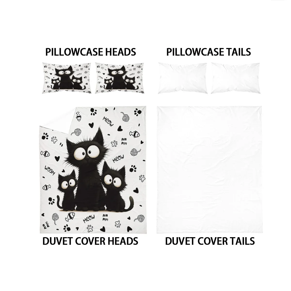 3pc Black Cat Printed Bedding Set with Coreless, Soft and Comfortable Multi Size Machine Washable 1 Duvet Cover+2 Pillowcases