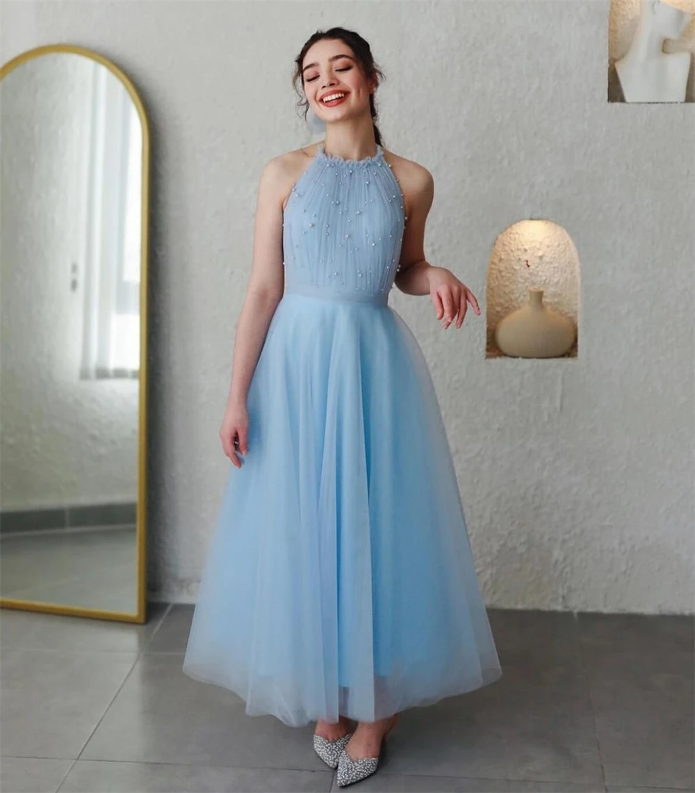 a line chiffon knee length sweetheart halter bridesmaid dresses wedding party prom birthday evening cocktail lace up back Prom Dress Tulle Pearl Draped Cocktail Party A-line Halter Bespoke Occasion Dresses Ankle-Length Saudi Arabia