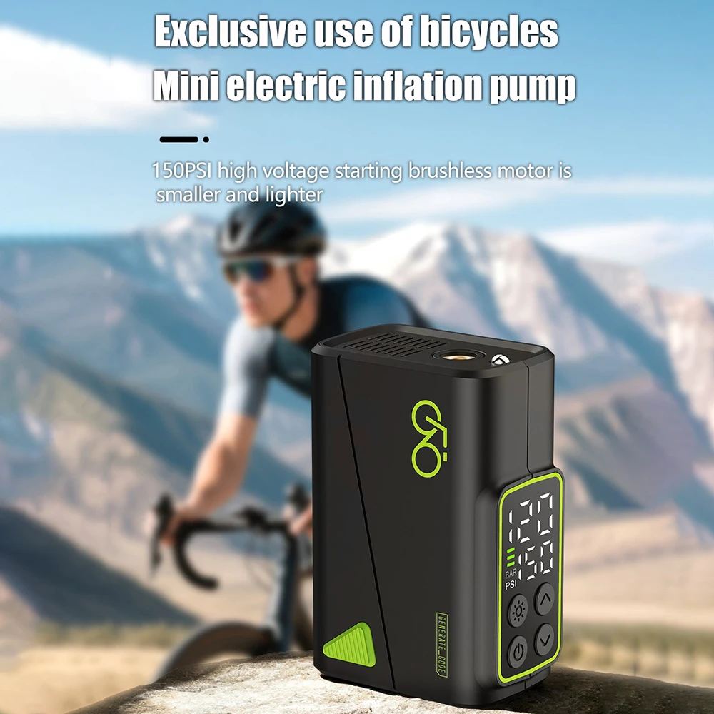 Mini electric bike pump on bicycle wheel