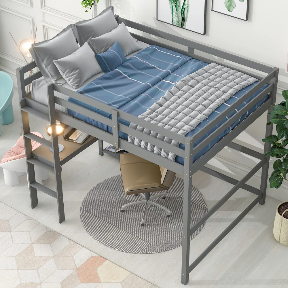 Full Loft Bed with Desk ,Shelves and Ladder, Grey 2
