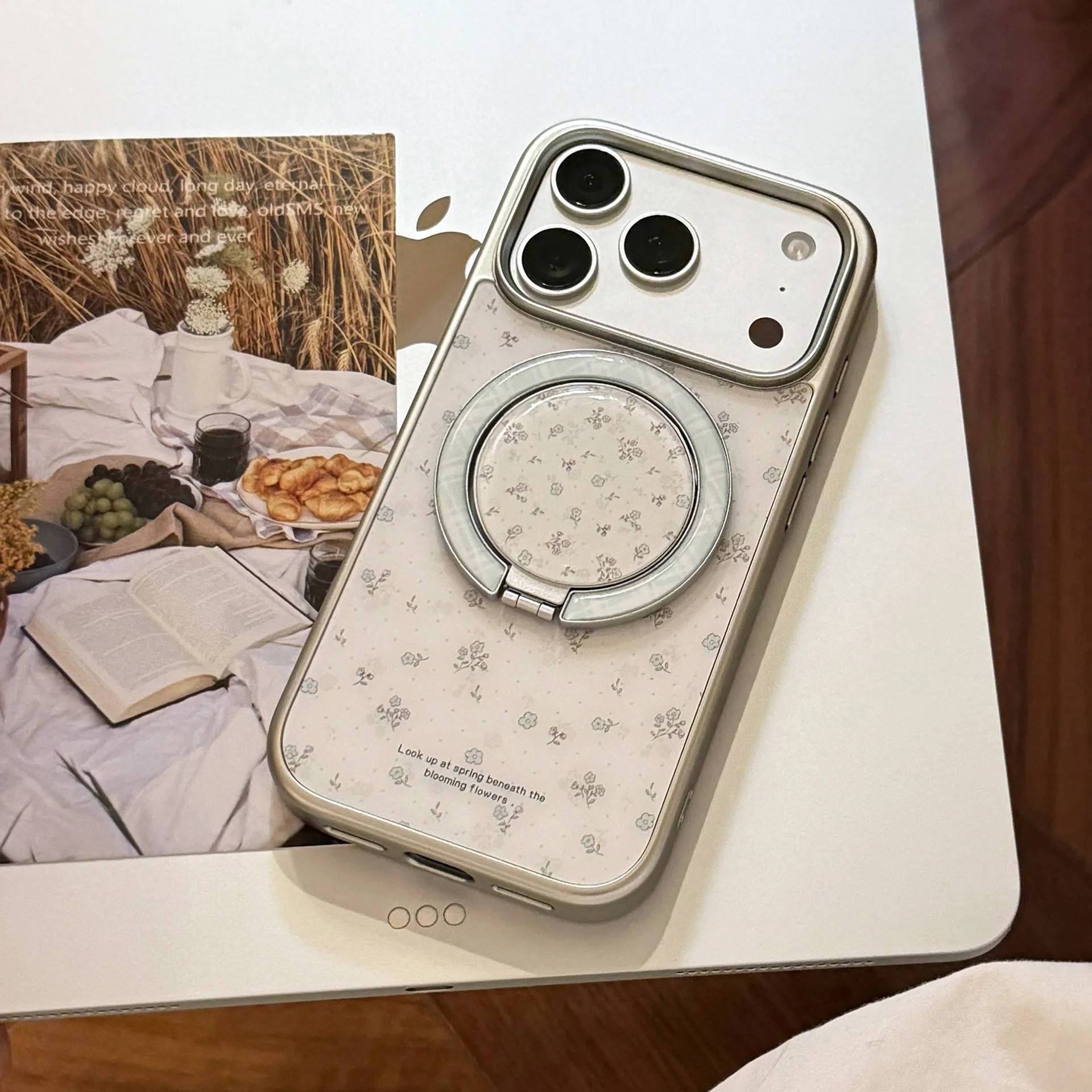 Korean Blue Floral Magnetic Foldable Phone Case - Shockproof Hard Cover