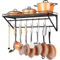 31 Inch Wall Mounted Pot Rack Storage Shelf with 2 Tier Hanging Rails 14 S Hooks included, Ideal for Pans 1