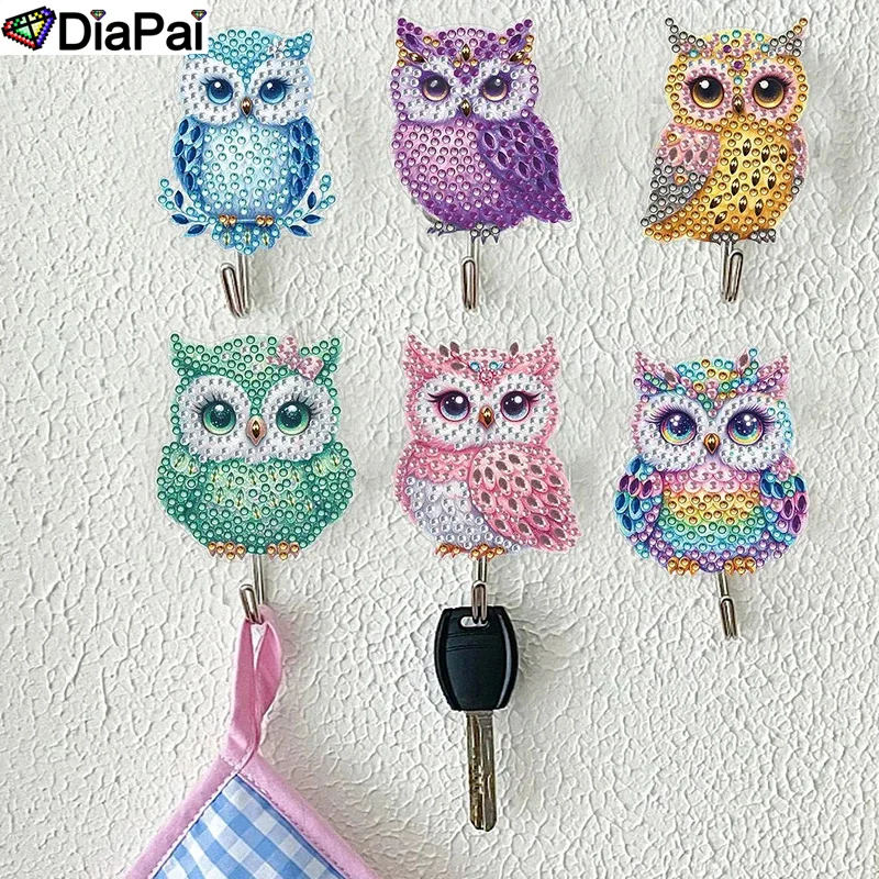 DiaPai 6pcs/set DIY Crystal Wall-mounted Key Hook Kit Special-shaped Owl Diamond Painting Rhinestone Embroidery Home Decor Gift
