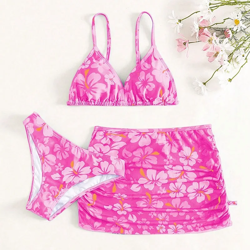 Kids Bikini swimsuit Halter Bra + Briefs + Drawstring Beach Skirt 3-piece Sets Surfing Diving Bathing Beach Suspender swimsuit