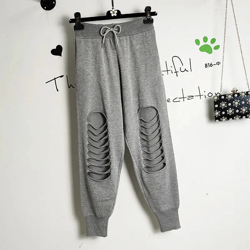 

Summer Ripped Pants Woman Casual Loose Knitted Haren Pants Korean Fashion Harajuku Women Hole Trousers Wild Solid Sweatpants New