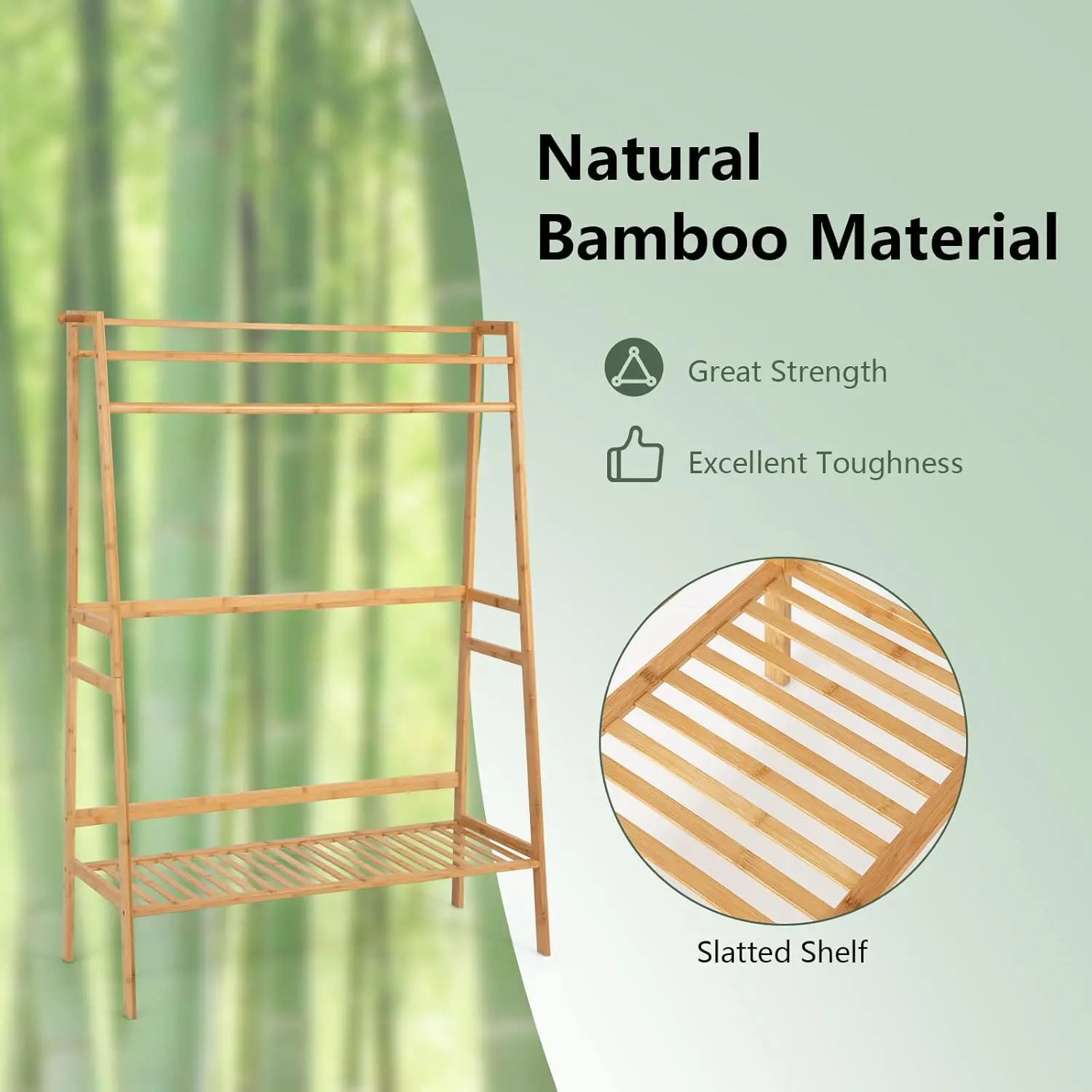 Bamboo Garment Rack, Heavy Duty Clothes Rack w/Top Shelf, Hanging Rod, Shoe Storage Shelf, Side Hooks, Freestanding Coat Rack