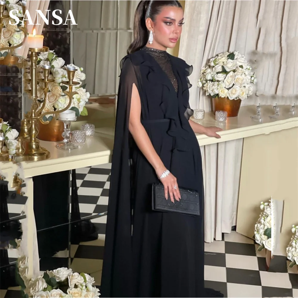 

Sansa Black Cape Sleeve فساتين سهره فاخره 2023 Elegant Shiny Sequins Neck Vestidos De Noche Edge Curl Chiffon A-line Prom Dress