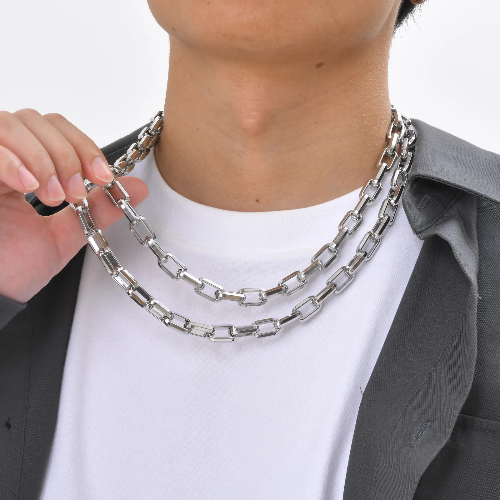 50/55/60 cm kräftige rechteckige Kettenhalsketten für Männer und Jungen, klobiger 9,2 mm quadratischer Edelstahlkragen, coole Rock-Punk-Schmuckgeschenke – Detail 4