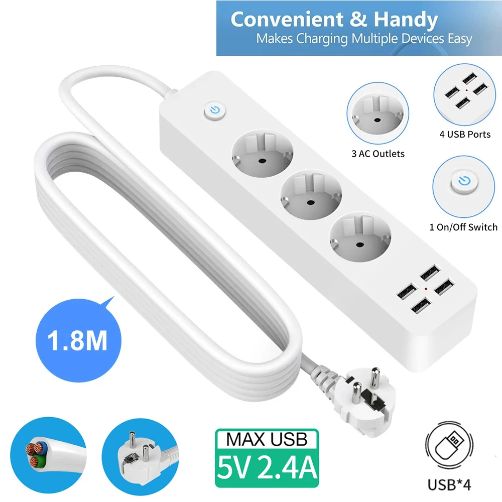 EU Plug Power Strip 1.8m Extension Cable Multiprise 3AC Outlets Electrical Socket with 4 USB Network Filter Fast Charging