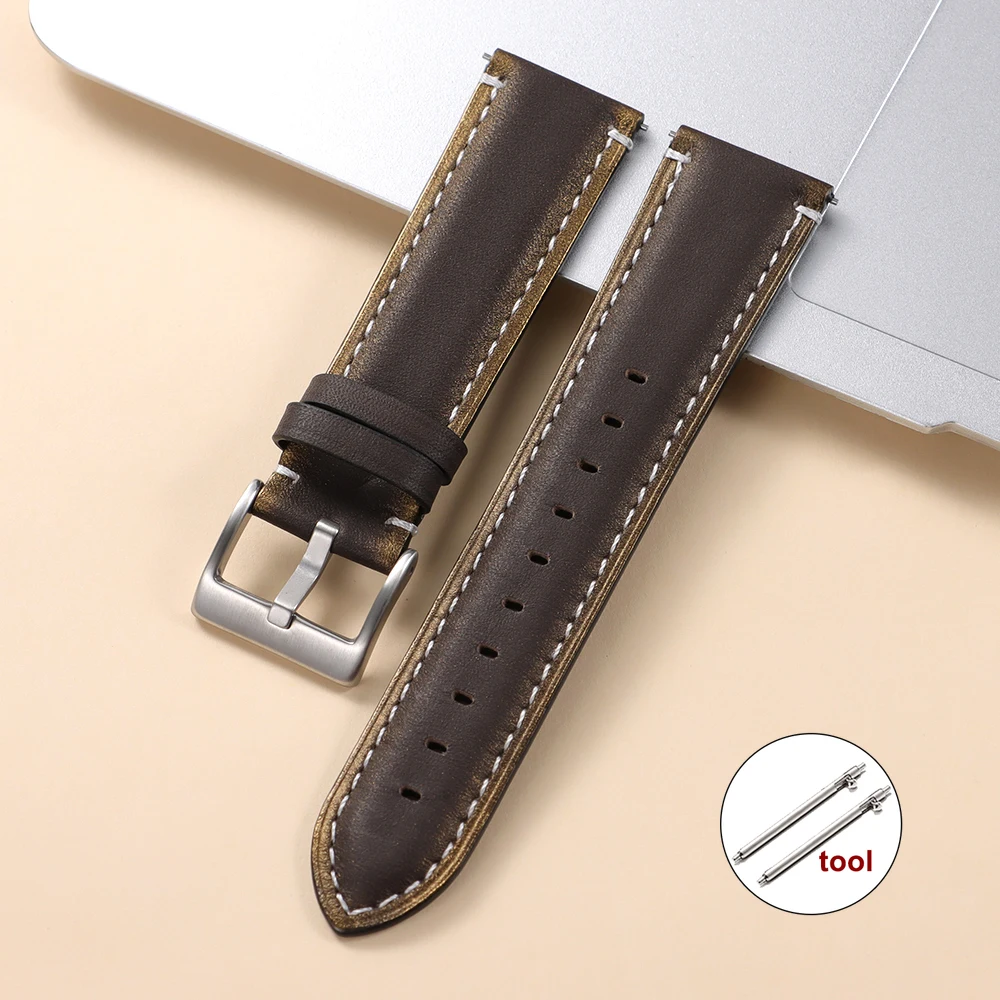 Vintage Brown Oil Wax Leather Watch Strap with Quick Release Pin Buckle