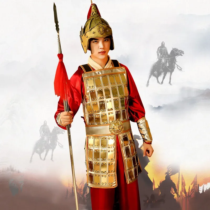 

Золотой Китайский армированный костюм общего назначения для мужчин, костюм антикварного солдата, одежда для фильмов, игр, фотографий