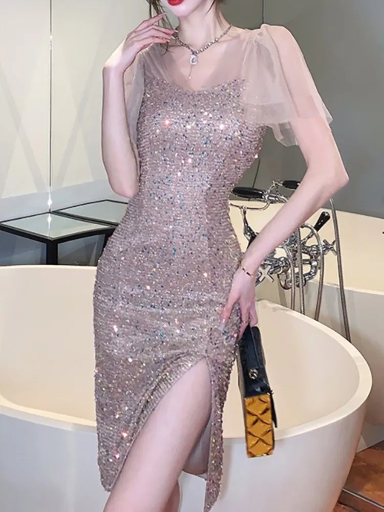 

Elegant Dresses for Women Summer Mesh Puff Sleeve Shiny Sequined Slim Split Midi Dress French Sexy Evening Party Vestidos