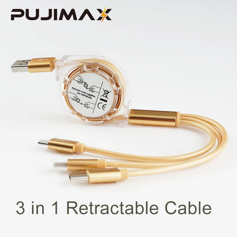 PUJIMAX New Multifunctional 3 in 1 Retractable USB Type-C Cable For IPad iPhone Huawei Xiaomi Smartphone Charging Accessories