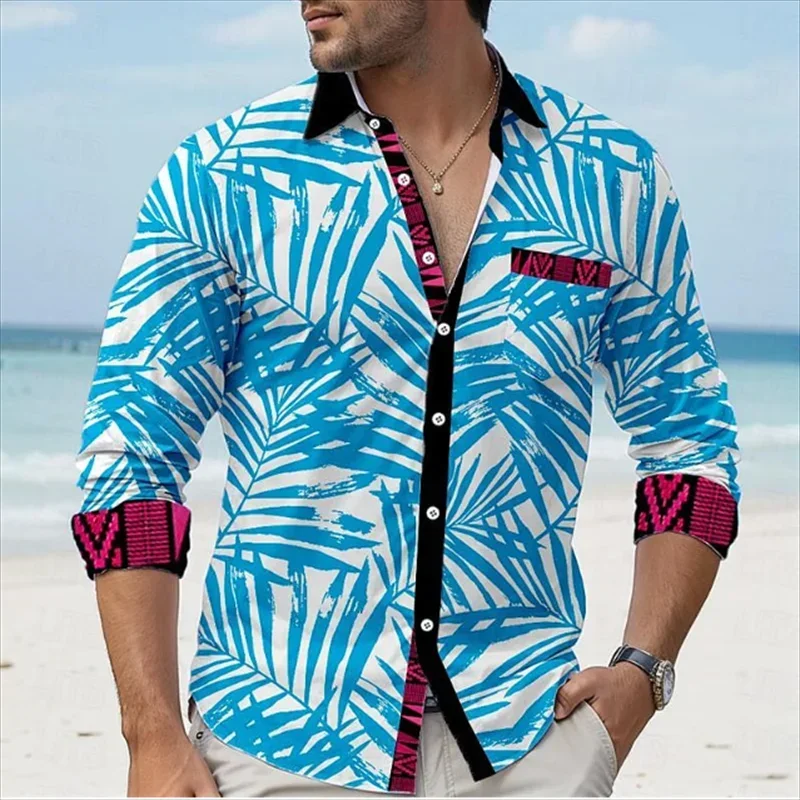 

2024 Hawaii Shirt Men's and Women's Summer 3D Bamboo Leaf Printed Shirt Men's Vacation Long sleeved Beach