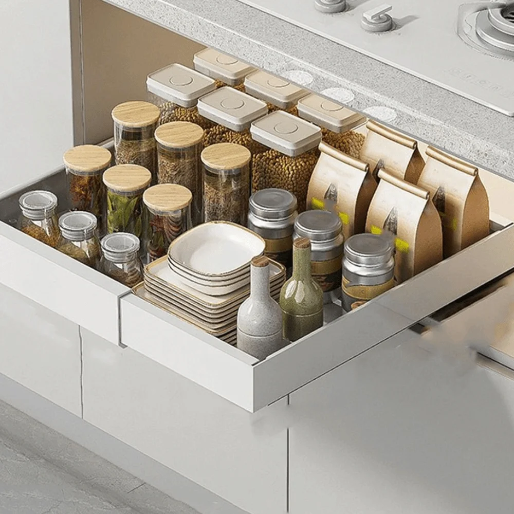 Multifunctional Retractable Cabinet Basket Metal Extendable Non-perforated Pull Out Shelf Adjustable Width Drawer Type