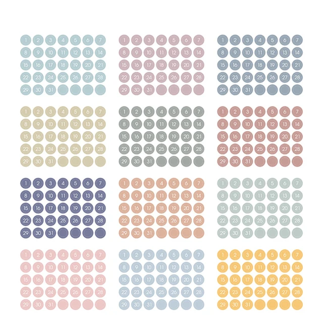 12sheets Round Number Date Label Sticker Year Planner Colorful 365 Daily Days Stickers Stationery Agenda Diary Journal Stickers B-12 sheets