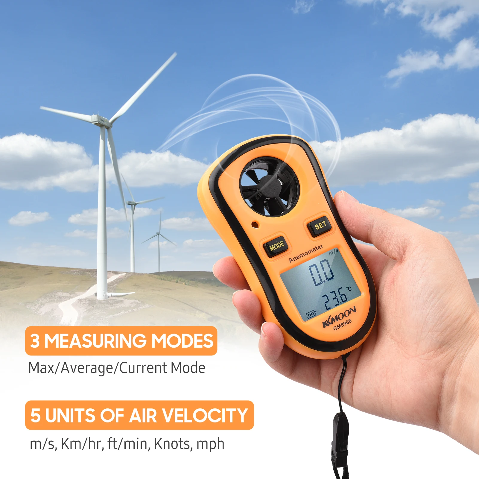 Digital GM8908 LCD Pocket Anemometer Thermometer Wind Speed Air Velocity Gauge 