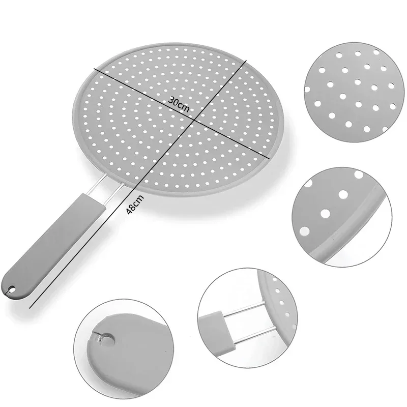 Silicone Splatter Screen Pan Cover With Handle, Heat Insulation Cooling Mat Oil Splash Guard Drain Board Kitchen Frying Pan Lid