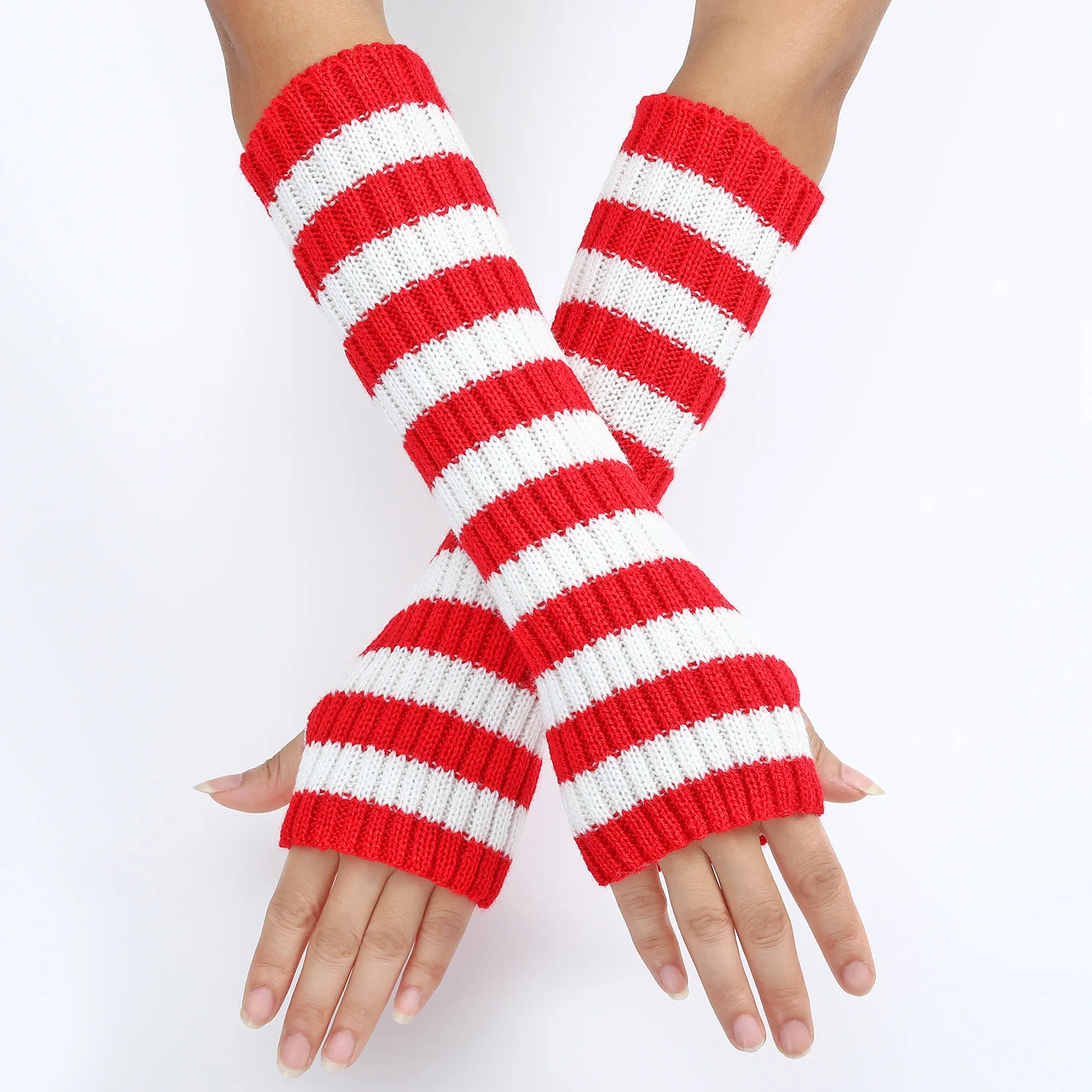 30cmWomensFashionableStripedFingerlessMittensGirlsLongKnit