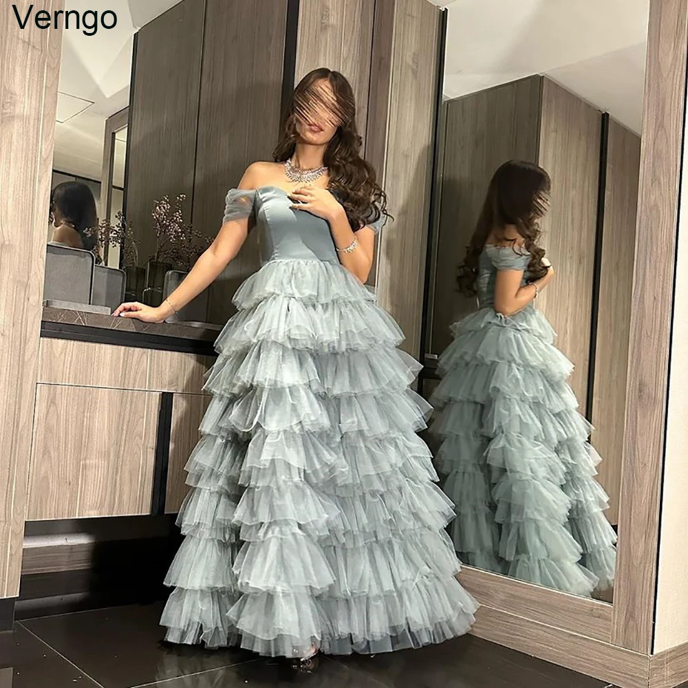 

Verngo A-line Tulle Prom Dresses Sweetheart Off Sleeveless Evening Party Gowns Long Tiered Formal Occasion Dress Robes De Soirée