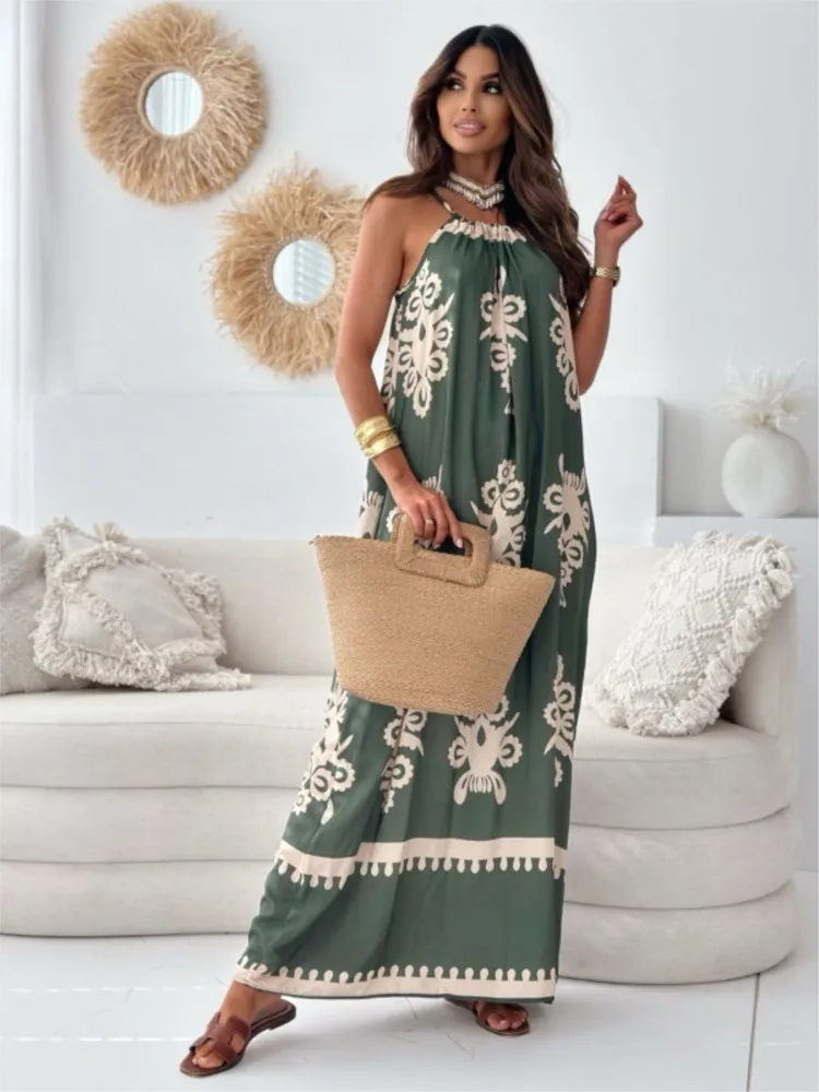 Abito estivo da donna, elegante, lungo, senza maniche, a vita alta, maxi abito da spiaggia con scollo rotondo, traspirante, linea svasata, abito bohémien, abito lungo swing, per le vacanze, 01-verde
