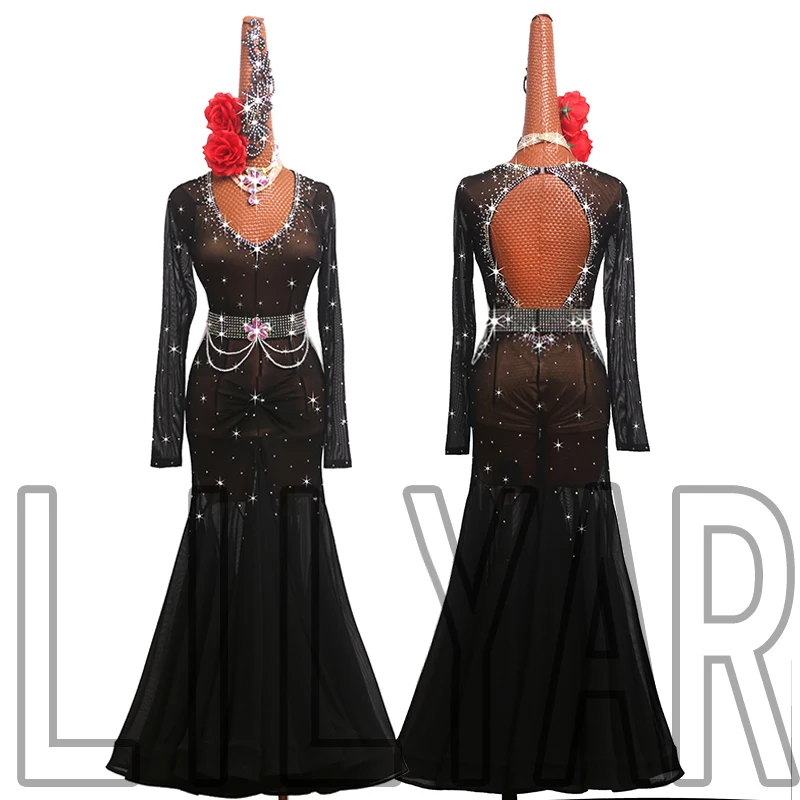 new-modern-dance-skirt-competition-performance-dress-adult-black-elastic-mesh-slim-fit-large-swing-sparkling-diamond-dance-skirt