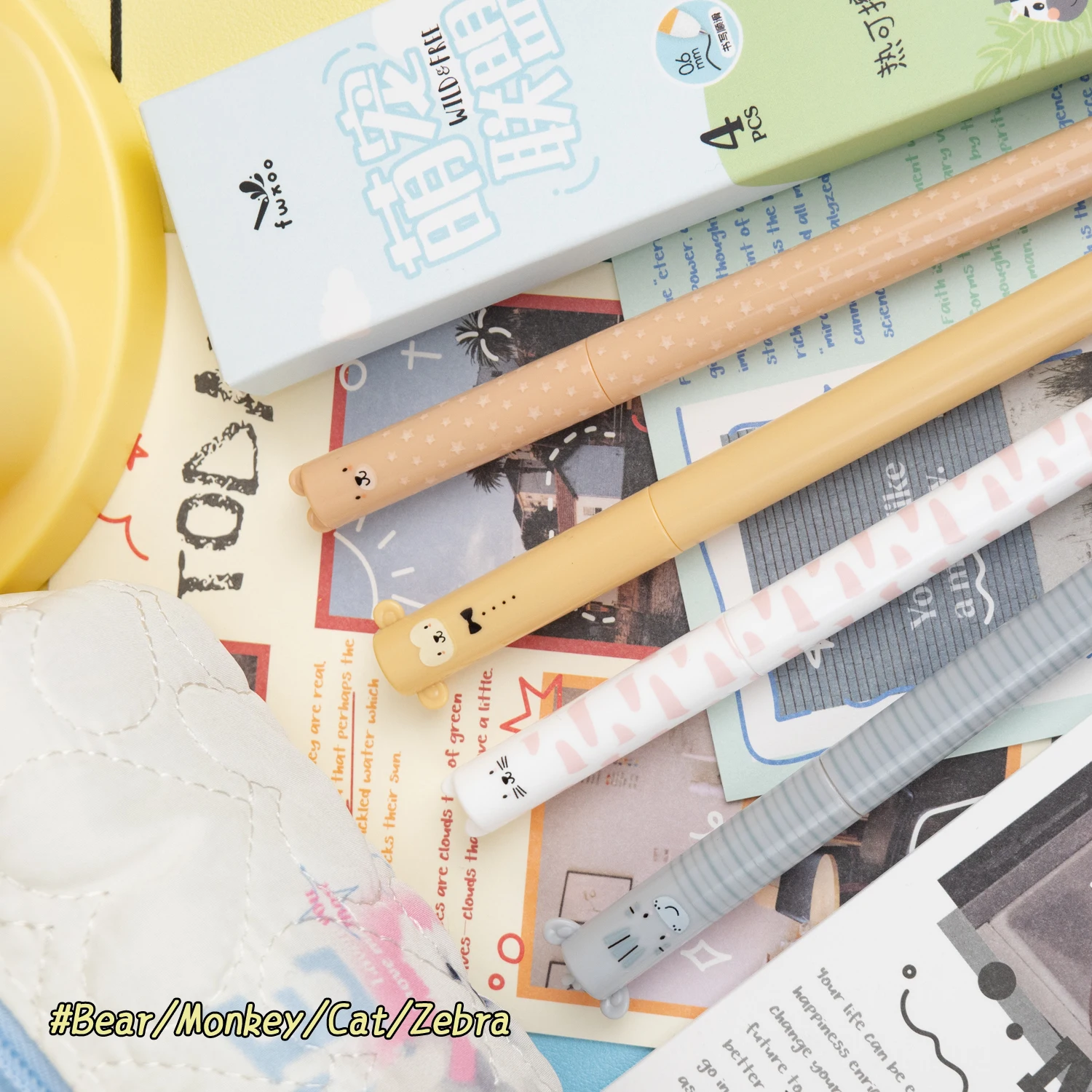 4 Pcs/Box Cute Cartoon Animal Erasable Pens 0.5mm Blue Ink Rotating Gel Pens for Kids School Student Writing Stationery