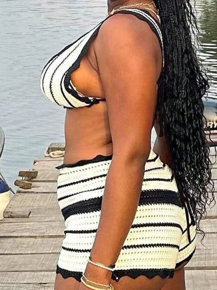 Ruffled Striped Bikini 2 Piece-Set Female Boho Contrast Lace-Up V-Neck Top And Shorts Sets Beach Holiday Outfits Summer