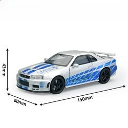 1:32 Nissan Skyline GTR R34 Diecast Metal Model Car with Sound & Light Features (Silver - boxed)